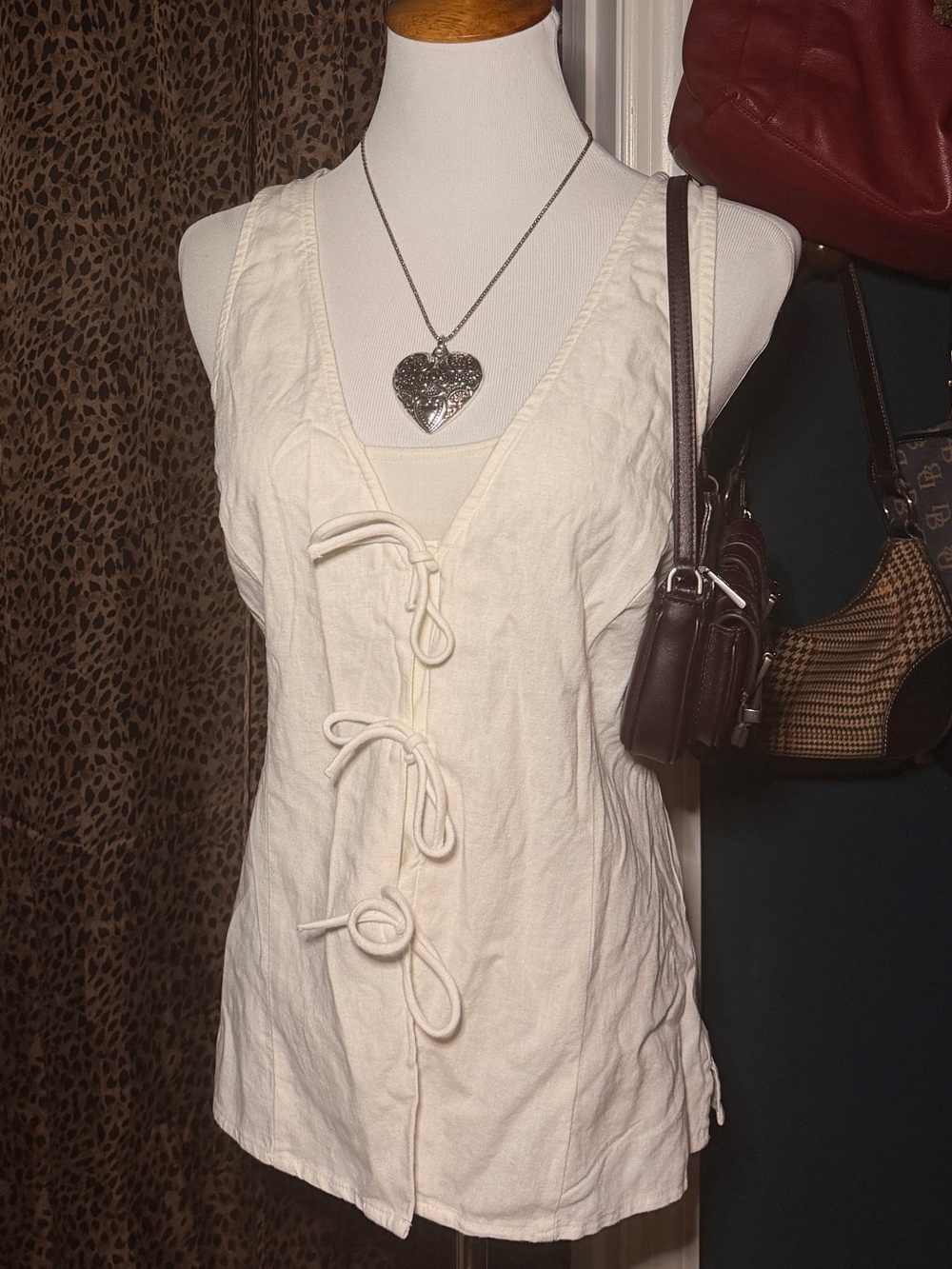 Ivory Tie-Front Linen style Tank Top - Women